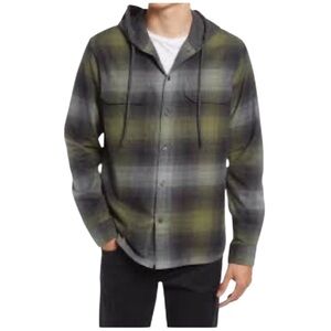 Vince Ombre’ Plaid Flannel Hooded Button Up Shirt Large
